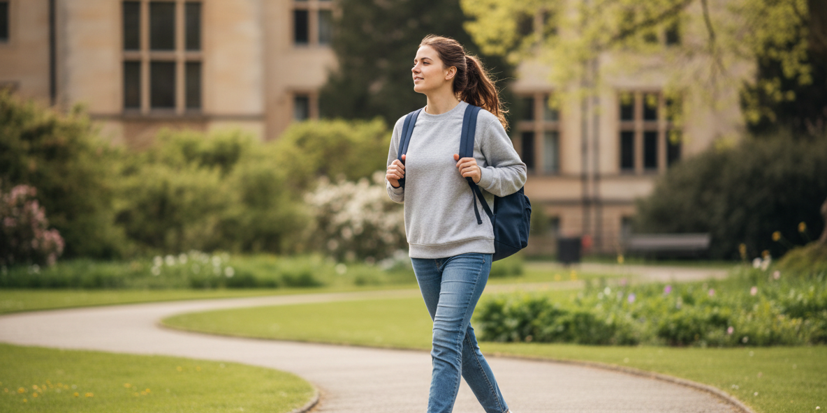 Junge Studentin die in Bewegung ist.