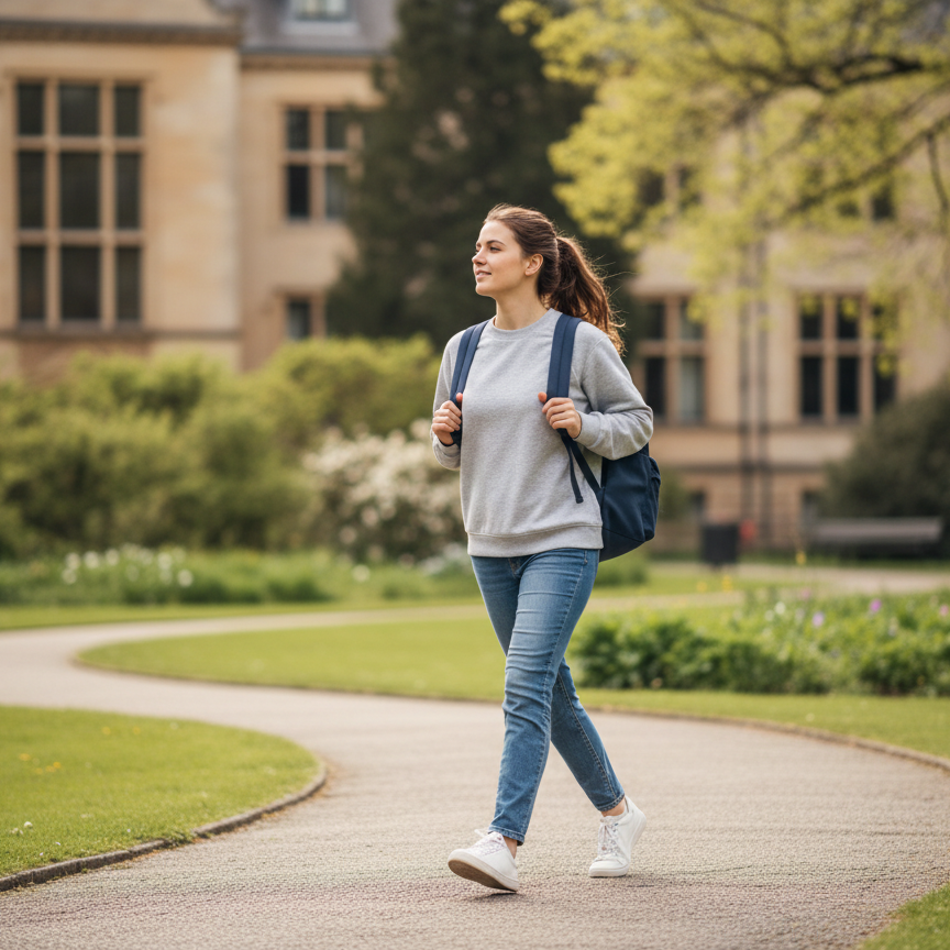 Junge Studentin die in Bewegung ist.