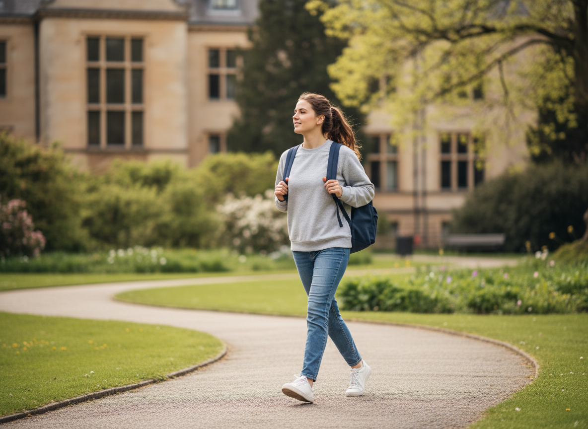 Junge Studentin die in Bewegung ist.